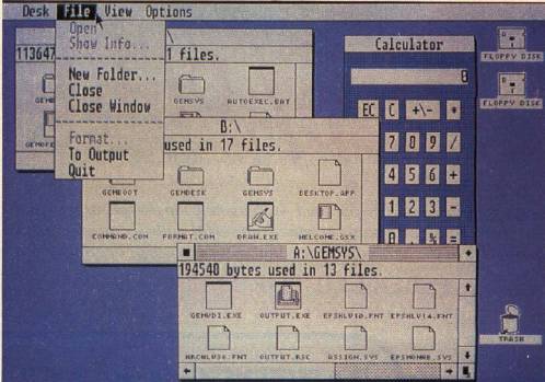 GEM on an MS-DOS computer. A pull-down menu, showing the file options 