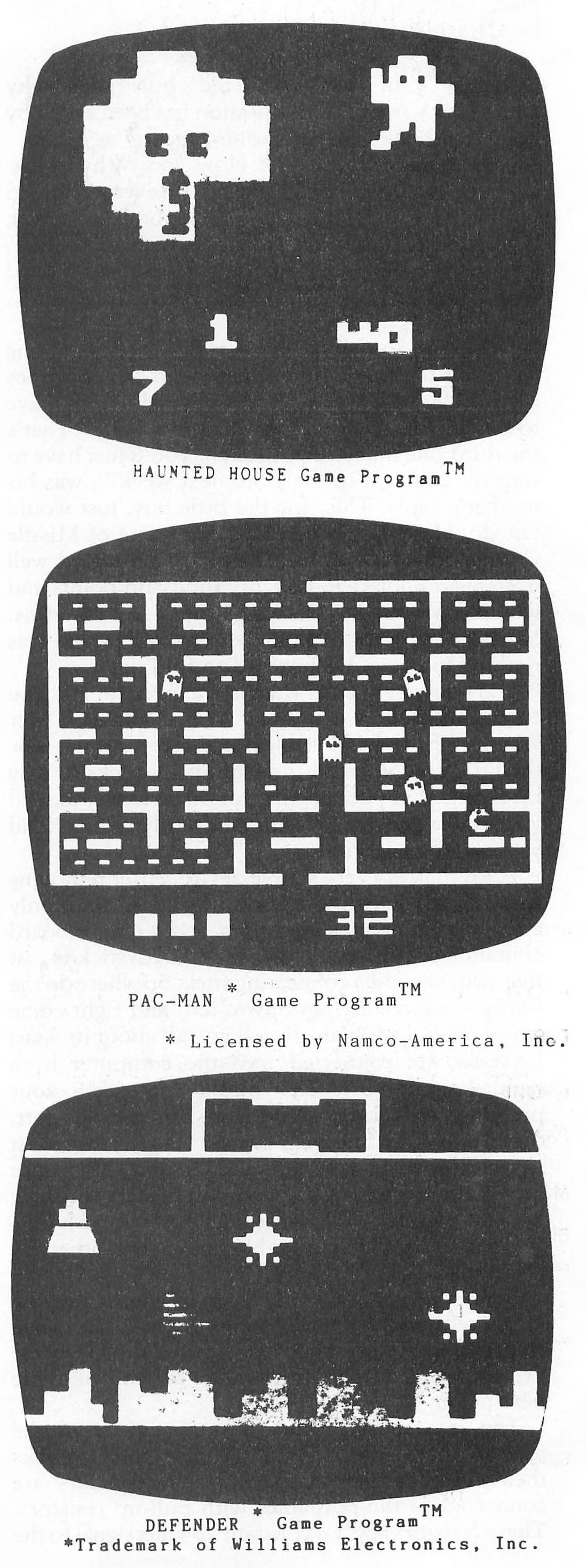 Haunted House, Pac-Man and Defender screenshots, recovered from A.N.A.L.O.G. issue 5, page 37