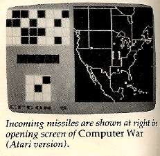 Incoming missiles are shown at right in opening screen of Computer War (Atari Version)
