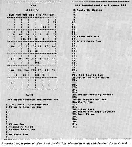 sample printout of an Antic production calendar